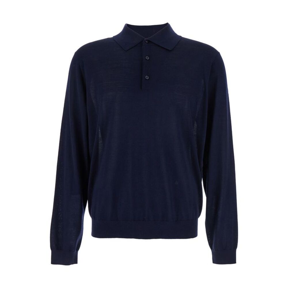 Sunflower Men Blue Polo Shirt With Classic Collar And Ribbed Trims In Wool Man